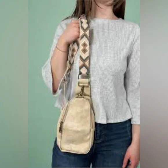 Anthropologie Tan Liberty Sling Bag with Patterned Strap - Picture 2 of 5